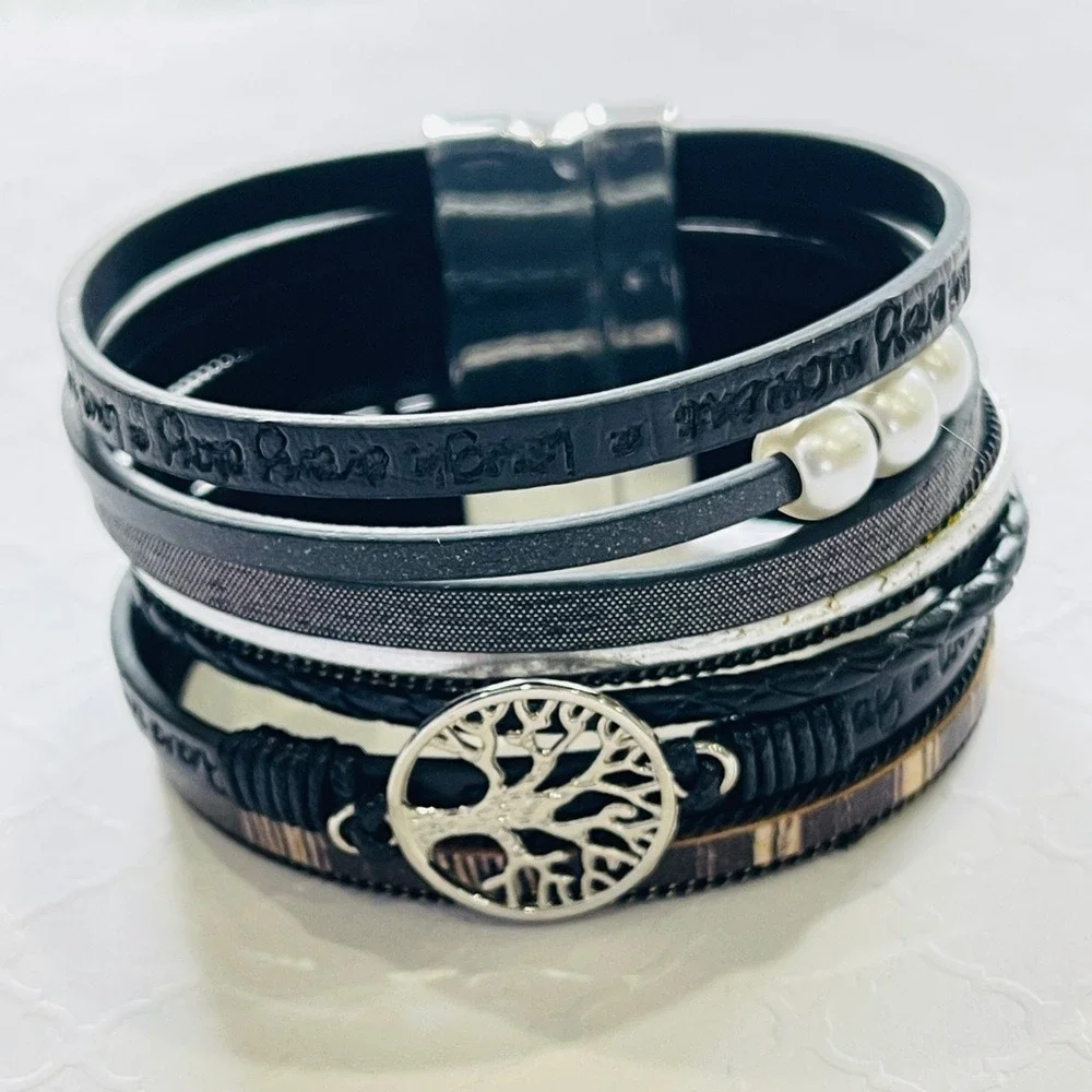 Multilayer Leather Bangle Magnetic Clasp Bracelet for Men or Women 7.5in‎ Black